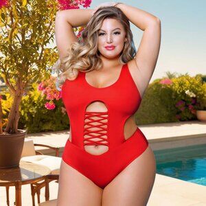 Plus 1Pc Monokini Swimsuit Womens Size 3x4x Red One Piece High Leg Swimwear